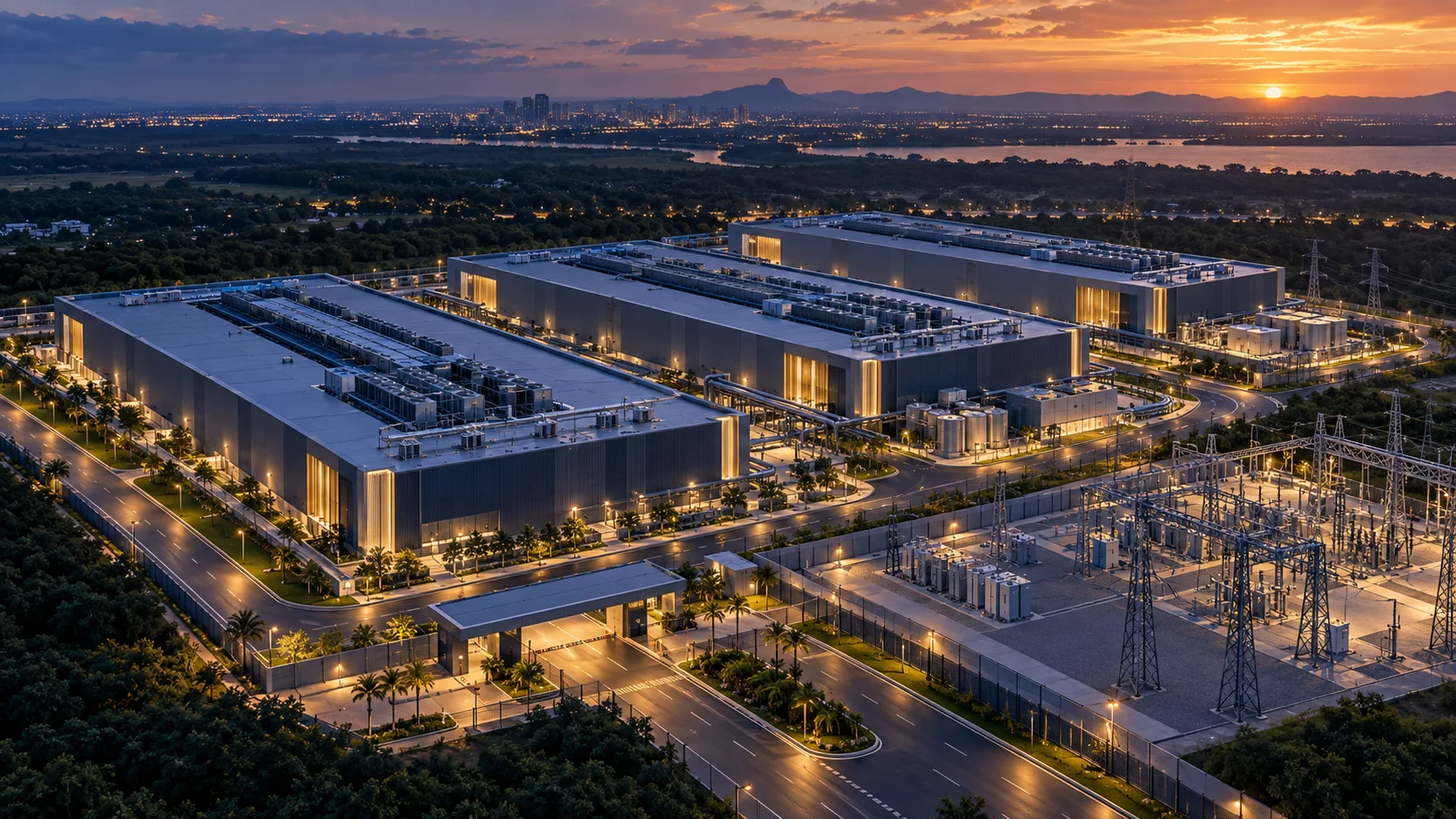 Conceito visual de campus de infraestrutura ao entardecer